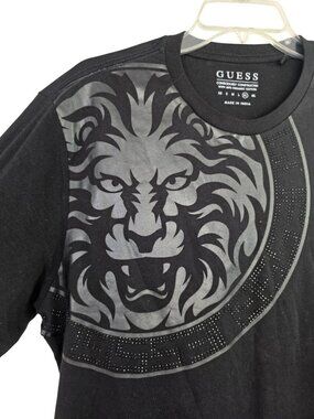 GUESS Women XL Black Lion Graphic Tee Rhinestone Accent Organic 100% Cotton NWOT